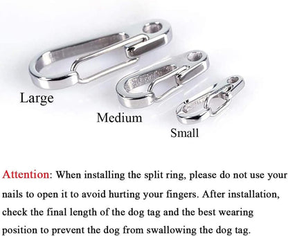 IVIA Dog Tag Clips / 2 Pack/Multiple Size 304 Stainless Steel Quick Clip with Rings/Easy Change Dog Cat ID Tag Holder for Small Pet Collars and Harnesses.(2 Large Silver)